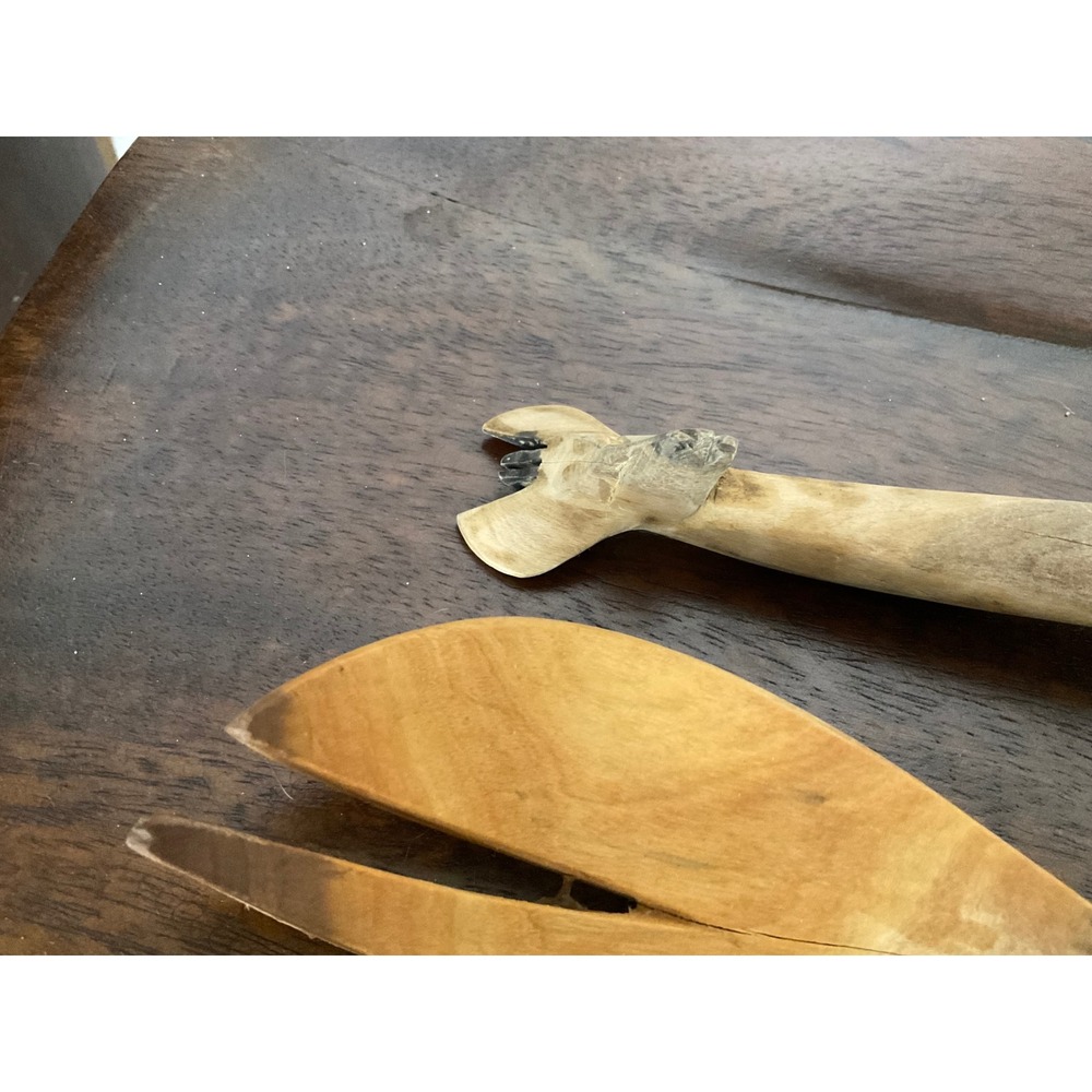 Vintage Hand Carved Giraffe Wooden Salad Servers Set Fork Spoon Rustic Safari - Picture 3 of 6